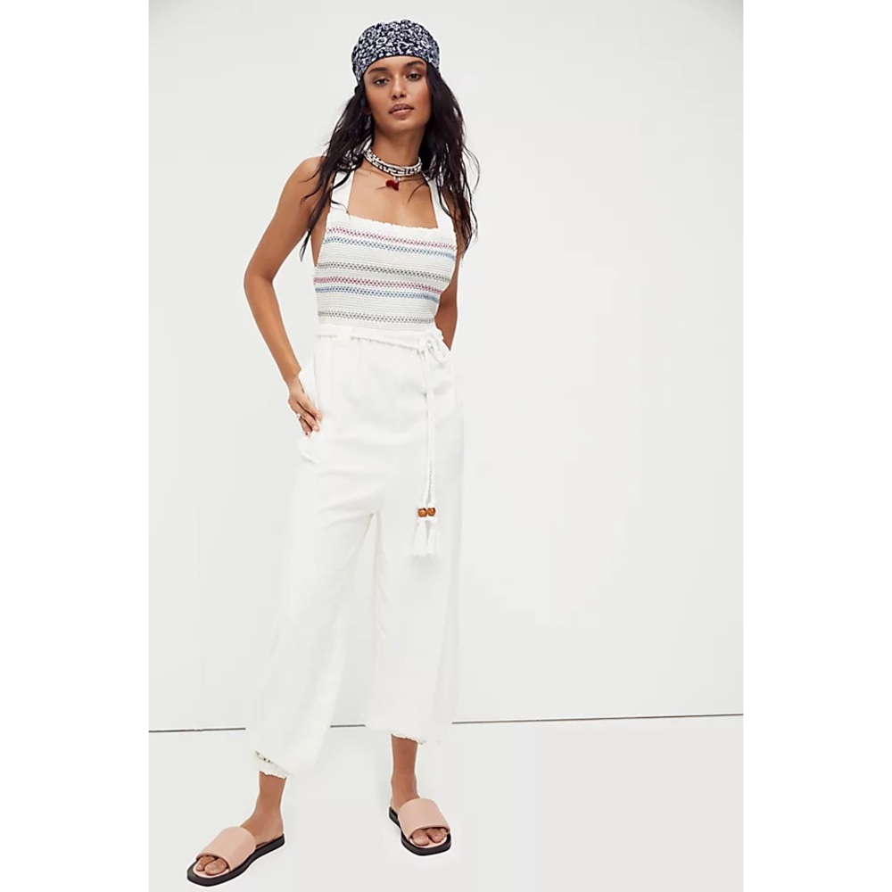 Free People Sienna Smocked Jumpsuit - Rope Tie in White Ecru
